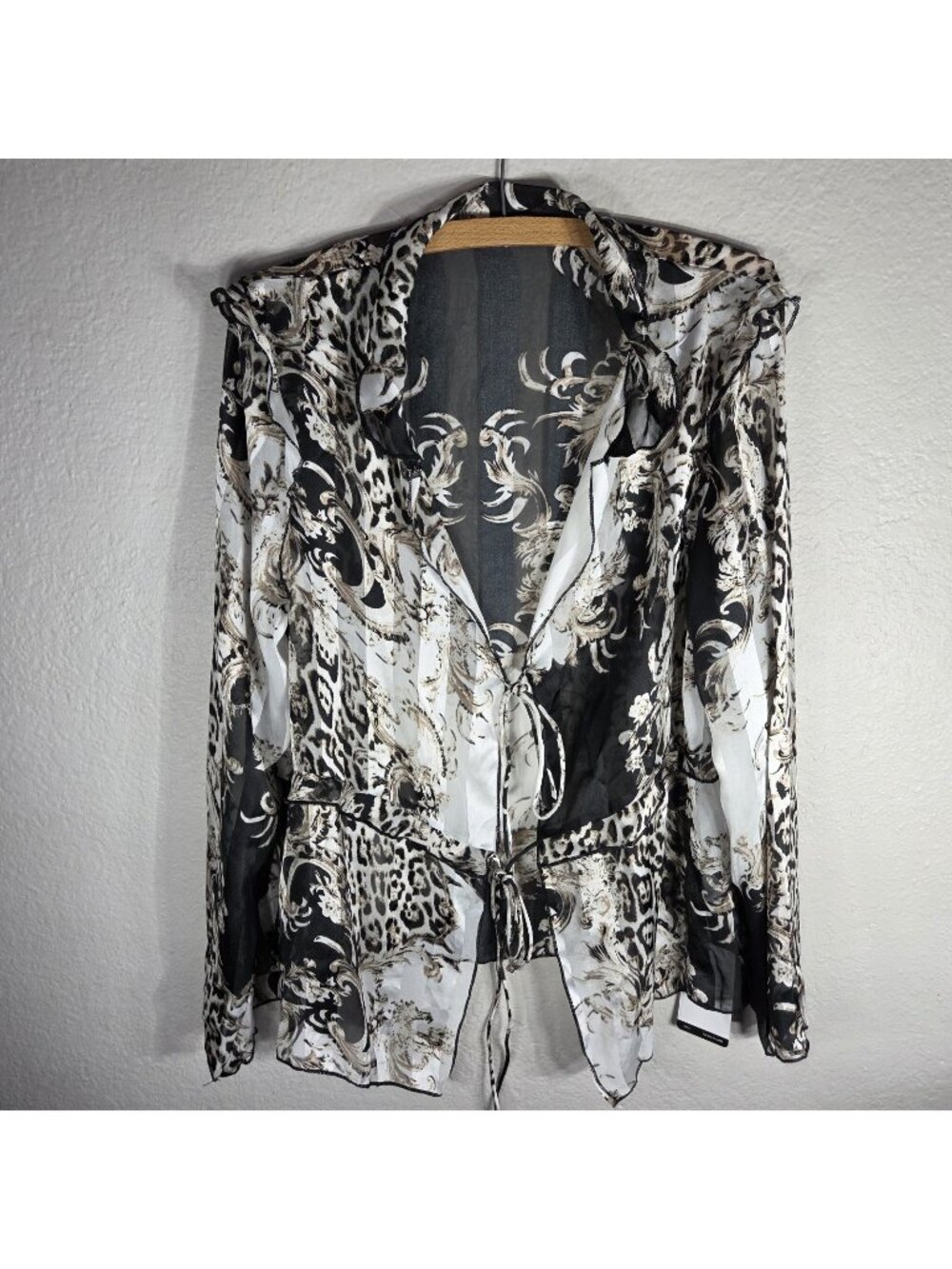 Anewsta Mesh Ruffle Tunic Top Size XL Tie Front Animal Print Long Sleeves